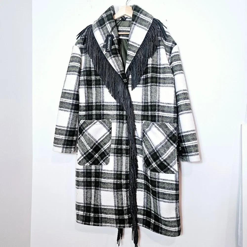 NWT BlankNYC Fringe Collar Green Scotland Plaid Oversized Winter Coat Size M